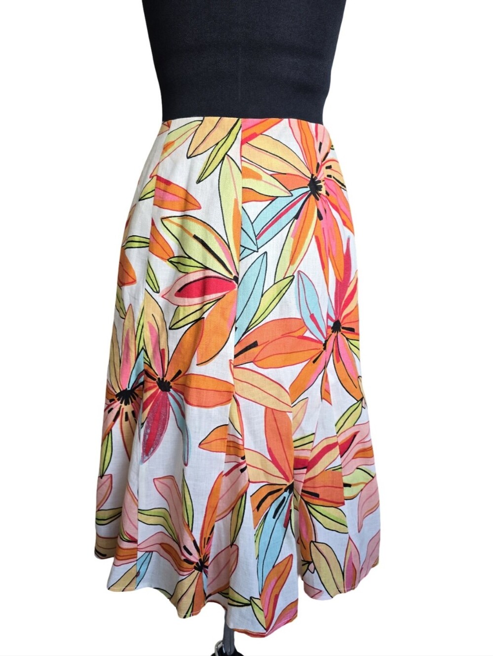 Catherine Stewart Floral A-Line Midi Skirt Pink Orange Blue 100% Linen Size 12